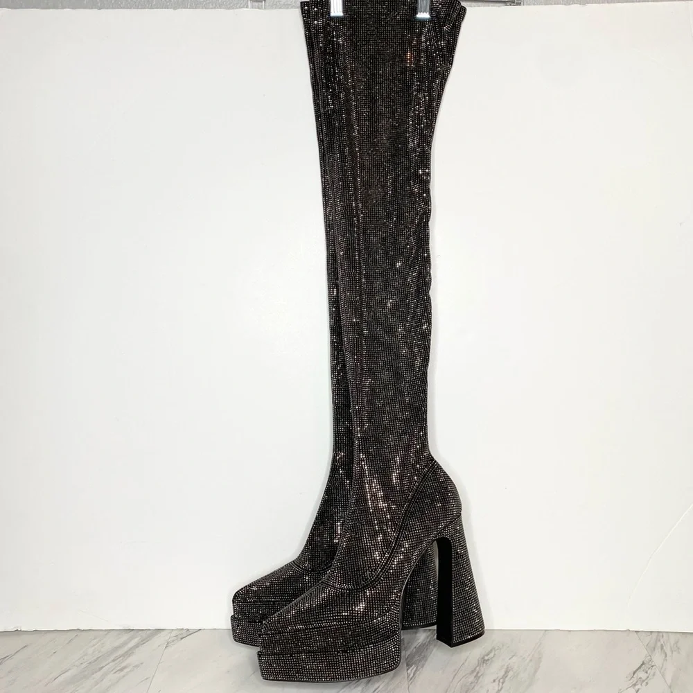 Steve Madden Sultry Rhinestone Thigh High Pointy Toe Platform Heeled Boot 8 1/2